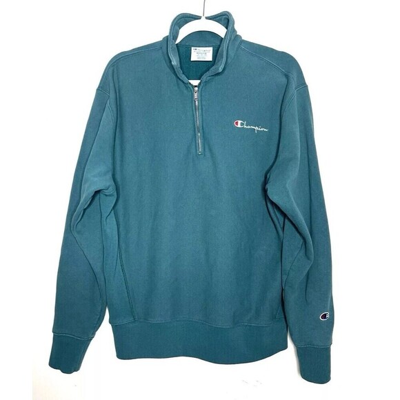 Champion Unisex Reverse Weave Sweatshirt Jacket Teal 1/4 Zip Medium Cotton - Picture 1 of 9